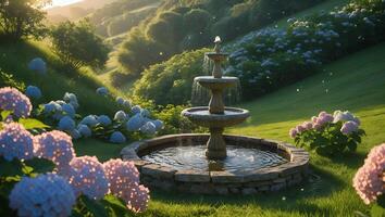 Water Fountain Flowing in a Lush Garden with Hydrangea Blooms photo