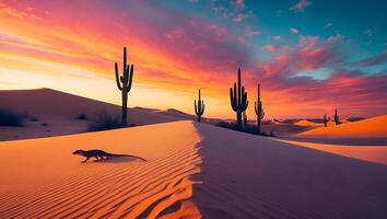 Lizard Walking on Sand Dune at Sunset with Cacti Silhouette photo