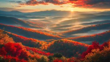 Sunrise Over Autumnal Mountains with Fog Rolling Through Valleys photo