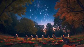 Rabbits Gather in Autumn Meadow Under a Starry Night Sky photo