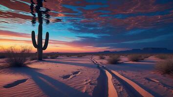 Desert Landscape at Sunset with Cactus and Dramatic Sky photo