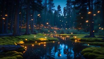 Fireflies Glowing Above Forest Stream Reflecting Trees and Moss Landscape photo