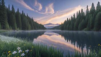 Calm Lake Reflecting Sky and Mountains Surrounded by Evergreen Forest photo