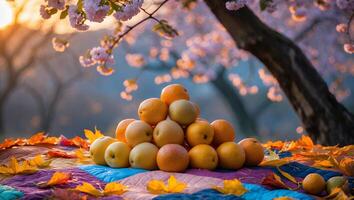 Arranged Fruits on Quilt with Blossoms and Autumn Leaves photo
