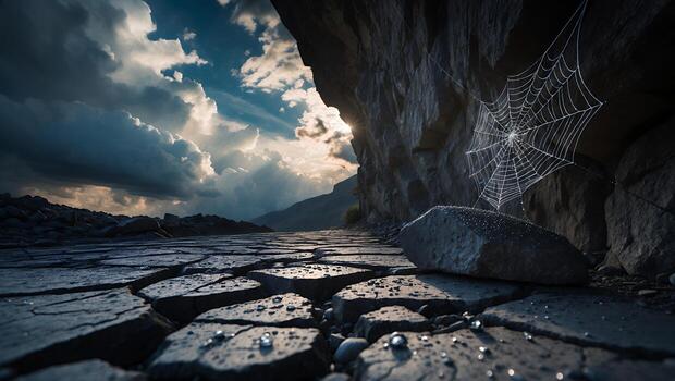 Hiking Trail Leading to Mountains with a Spiderweb on Rock Ledge photo