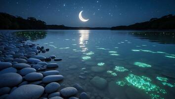 Night Lake with Moon and Stars Reflecting Off Glowing Water photo