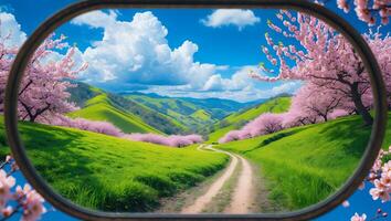 Scenic Road Through Rolling Hills with Cherry Blossoms and Cloudy Sky photo