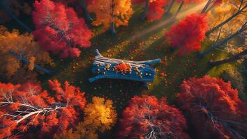 Autumnal Forest Scene View From Above with Fallen Tree Trunk photo