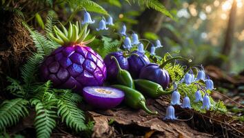 Purple Fruit and Green Vegetable Arrangement in a Forest Setting photo
