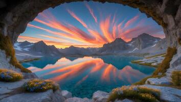 Lake Reflection in Cave Opening with Mountain View at Sunset photo