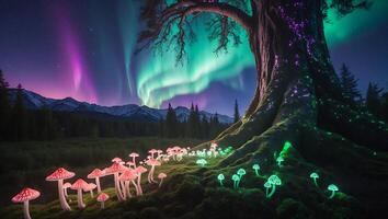 Glowing Mushrooms Under Aurora Borealis Near Ancient Tree at Night photo