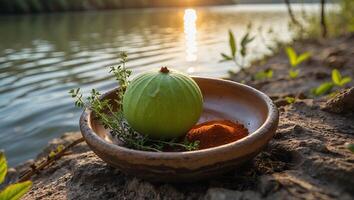 Preparing Outdoor Meal with Zucchini and Spice by a Lake photo