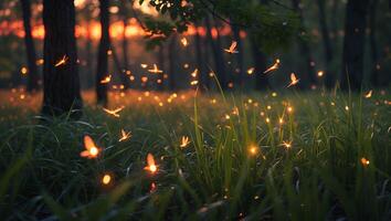Fireflies Flying in Grassy Forest at Dusk with Glowing Light photo