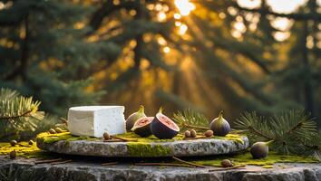 Arrangement of Feta Cheese and Figs on Stone Table in Forest photo