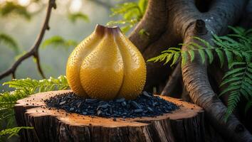 Still Life of Yellow Melon on Tree Stump with Ferns photo