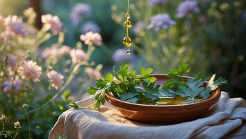 Pouring Oil Over Parsley in Bowl with Garden Flower Background photo
