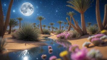 Desert Oasis with Moon and Stars Reflecting in Tranquil Water photo