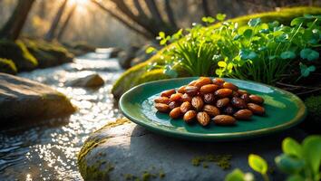Serving Dates on Green Plate Beside Flowing River in Nature photo