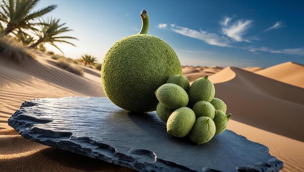 Unripe Walnuts Displayed on Slate Slab with Desert Sand Dunes photo