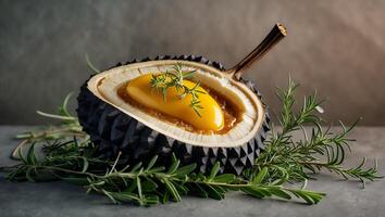 Durian Fruit Display with Yellow Pulp and Rosemary Decoration photo