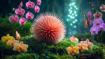 Whimsical Scene with Spiky Ball and Orchids on Mossy Ground photo