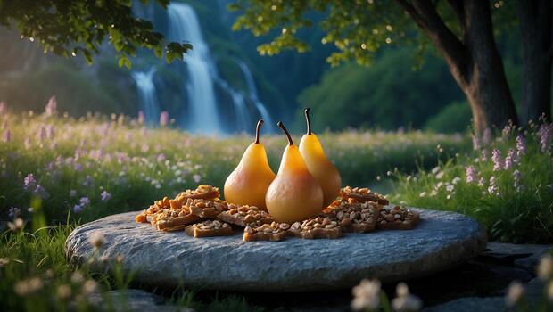 Pears and Peanut Brittle on Stone Slab with Waterfall View photo