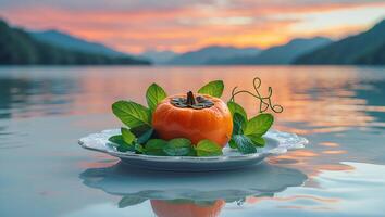 Persimmon Still Life with Mint on Plate Against Sunset Lake photo