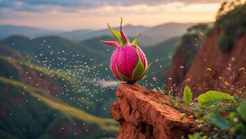 Pink Flower Bud on Cliff Edge with Mountain Range Background photo