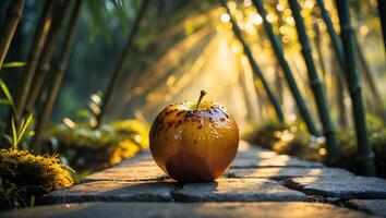 Apple on Stone Path Surrounded by Bamboo Forest at Sunrise photo