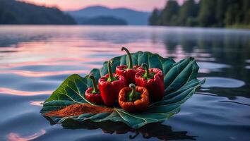 Red Bell Peppers Floating on Leaf in Lake at Sunset photo