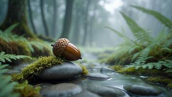 Acorn Resting on Mossy Rock by Forest Stream in Foggy Setting photo