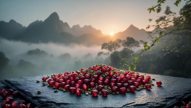 Pomegranate Seed Pile on Stone Slab with Misty Mountain Backdrop photo