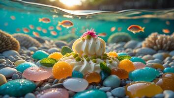 Pastry Undersea Landscape with Pebbles, Colorful Candy, and Swimming Fish photo