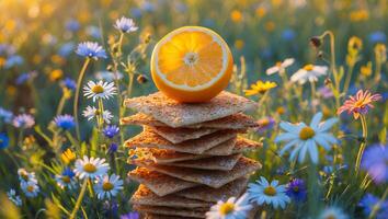 Orange Fruit on Stack of Crackers in Field of Wildflowers photo