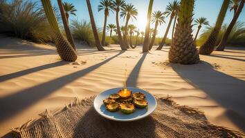 Serving Appetizers in Desert Oasis with Palm Trees and Sunny Sky photo