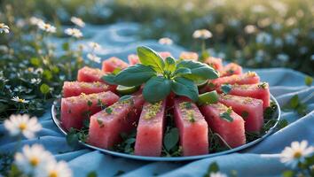Serving Fresh Watermelon with Basil and Lime in a Garden photo