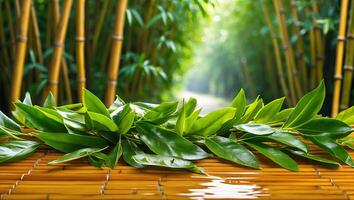 Green Leaves on Bamboo Mat with Bamboo Forest Background in Sunlight photo