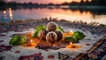 Coconut Balls on a Rug with Candles and Lake View at Sunset photo