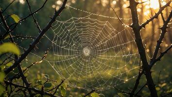 Spiderweb with Dewdrops Glitters in the Morning Light in Forest photo