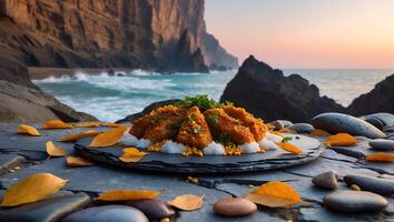 Appetizing Chicken Dish Presentation by Ocean with Scenic Cliff Backdrop photo