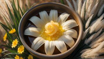Artistic Flower in Bowl with Floral and Plant Background Display photo