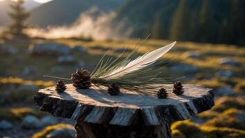 Pine Cones and Feather on Tree Stump in Nature Setting photo