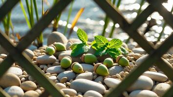 Acorns and Mint on Pebbles Near Water Seen Through Fence photo