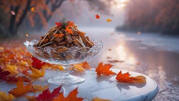 Food Dish Arrangement Surrounded by Falling Maple Leaves Autumn Theme photo