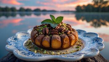 Delicious Ring Cake Topped with Pecans and Mint by the Lake photo