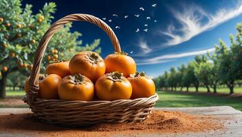 Ripe Persimmons in Woven Basket on Wooden Table in Orchard photo