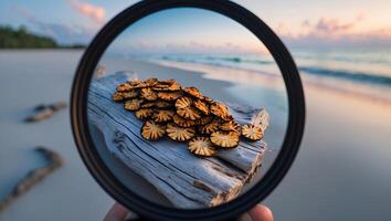 Dried Fruit Slices on Driftwood Displayed Through Circular Lens on Beach photo
