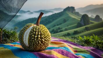 Durian Fruit on Blanket Overlooking Rolling Hills Landscape Scenery photo