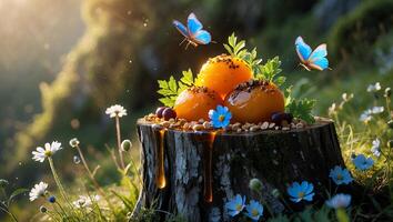 Serving Apricots with Cherries on Tree Stump in Sunny Meadow photo