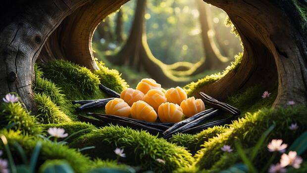 Arrangement of Citrus Segments in Forest Clearing with Moss and Wood photo